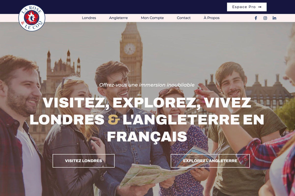 La page d'accueil du site La Rose et le Coq, agence de visites guidées en français à Londres et en Angleterre